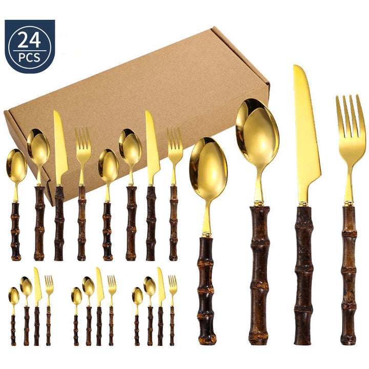 BowLift | Black Bamboo Dinnerware Set - Upscale Stainless Steel Fork and Spoon Tableware