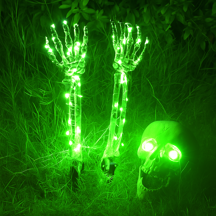 BowLift | Halloween Yard Decoration | Light-Up Skull & Skeleton Arms | 8-Mode LED Outdoor Prop