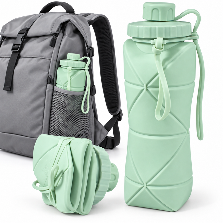 Collapsible Silicone Water Bottle with Leakproof Screw Cap and Carry Strap Bowlift