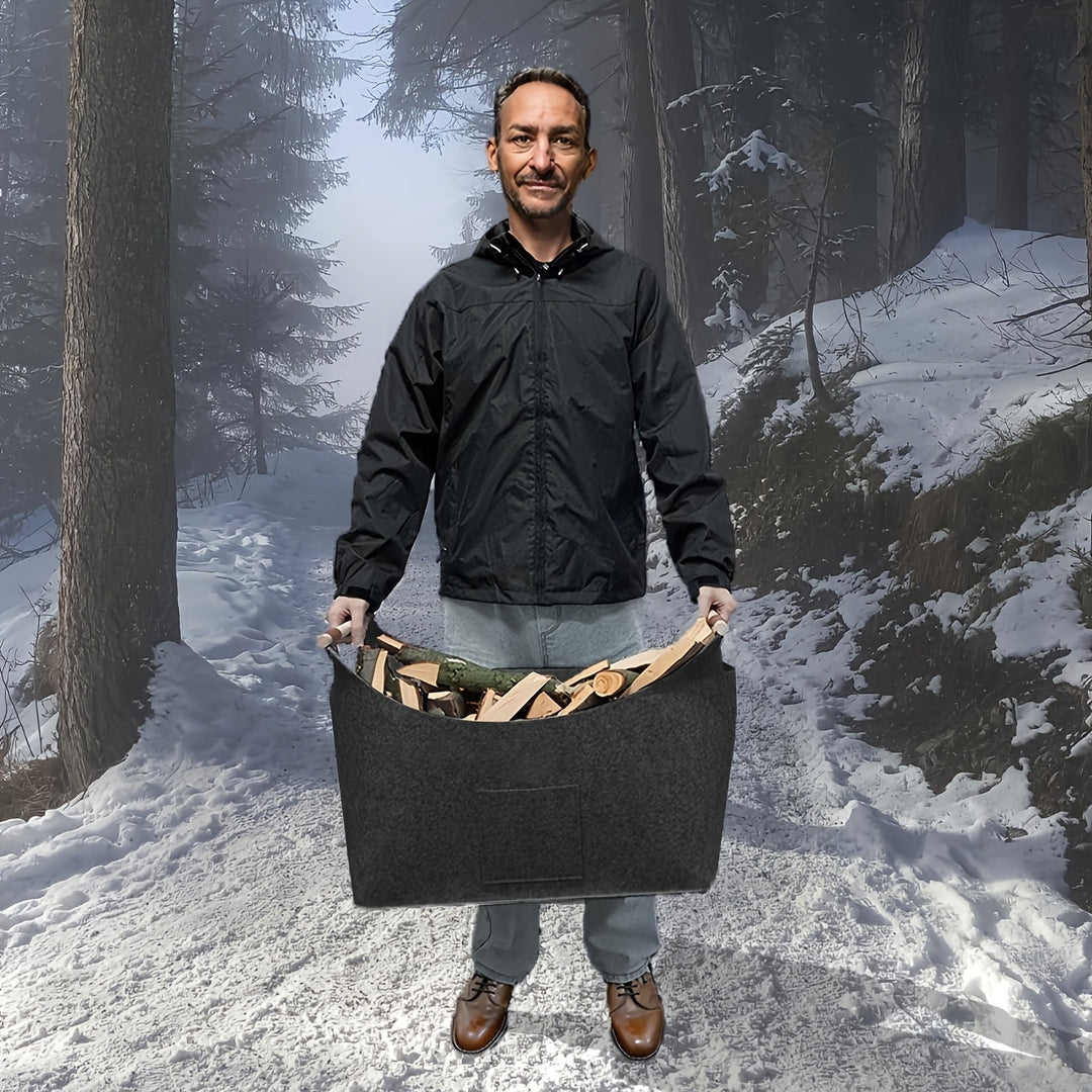 BowLift | Felt log basket FELDURA | Collapsible | 55L volume | With wooden handles & leather details | Dark gray