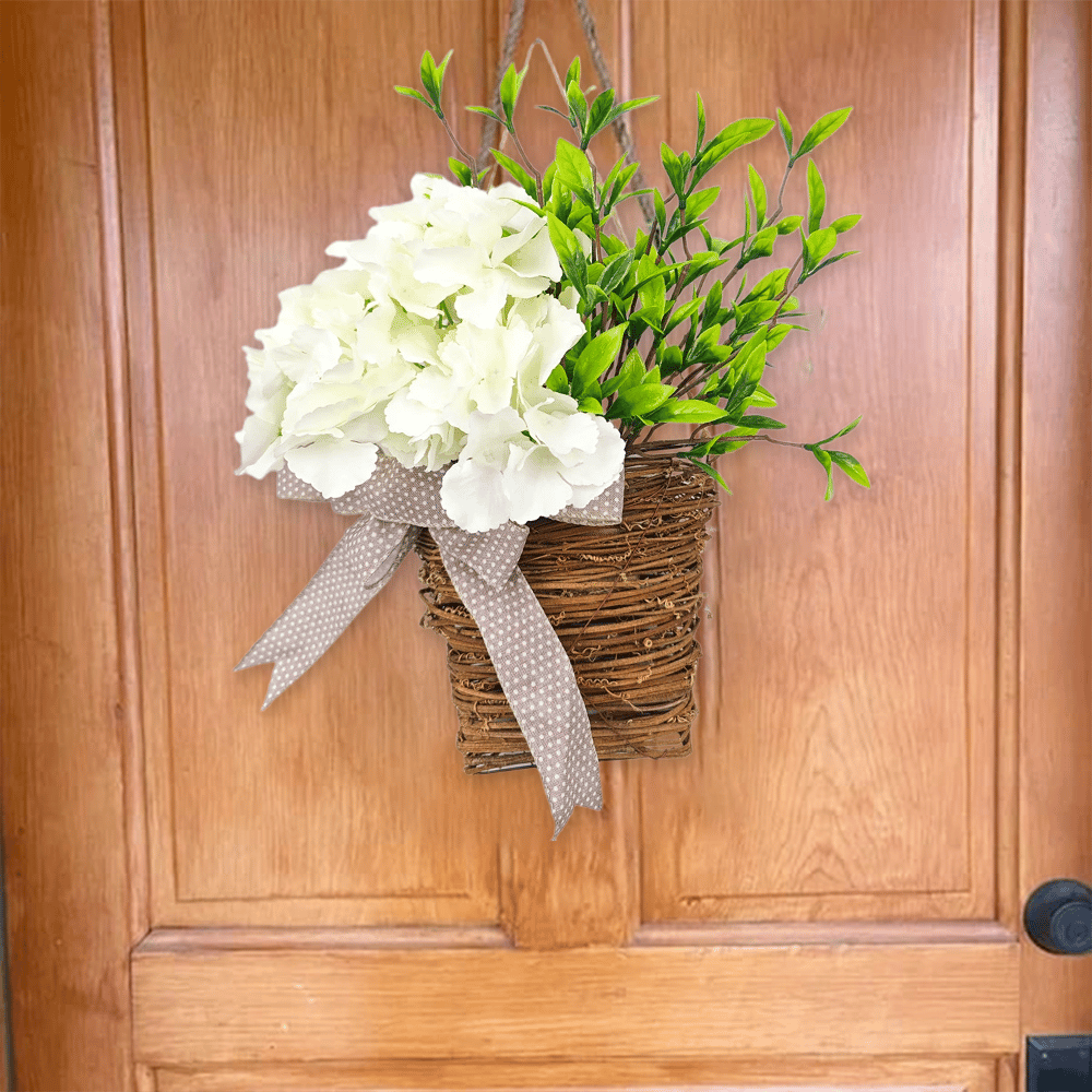 BowLift | Hydrangea Rattan Basket – Cream Colored Flower Door Decoration for Hanging