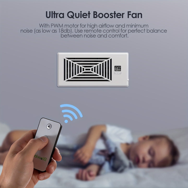 4" x 10" Smart Register Booster Fan – HVAC Building Supplies with Remote Control, Thermostat Control – Quiet Operation for Efficient Heating and Cooling | Bowlift
