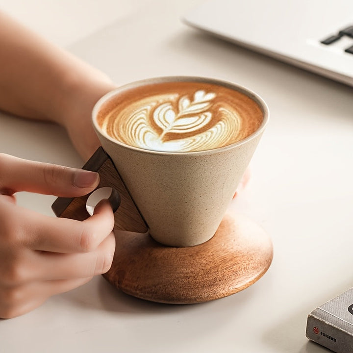 BaristaLuxe Ceramic Coffee Cup 250ml – Handmade with Wooden Handle and Coaster | Bowlift