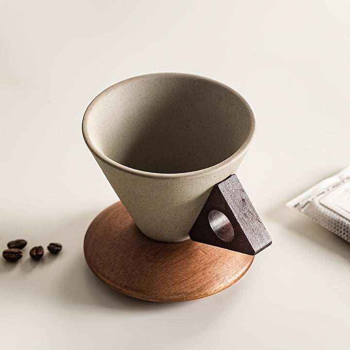 BaristaLuxe Ceramic Coffee Mug 250ml – Handcrafted with Wooden Handle and Saucer | Bowlift