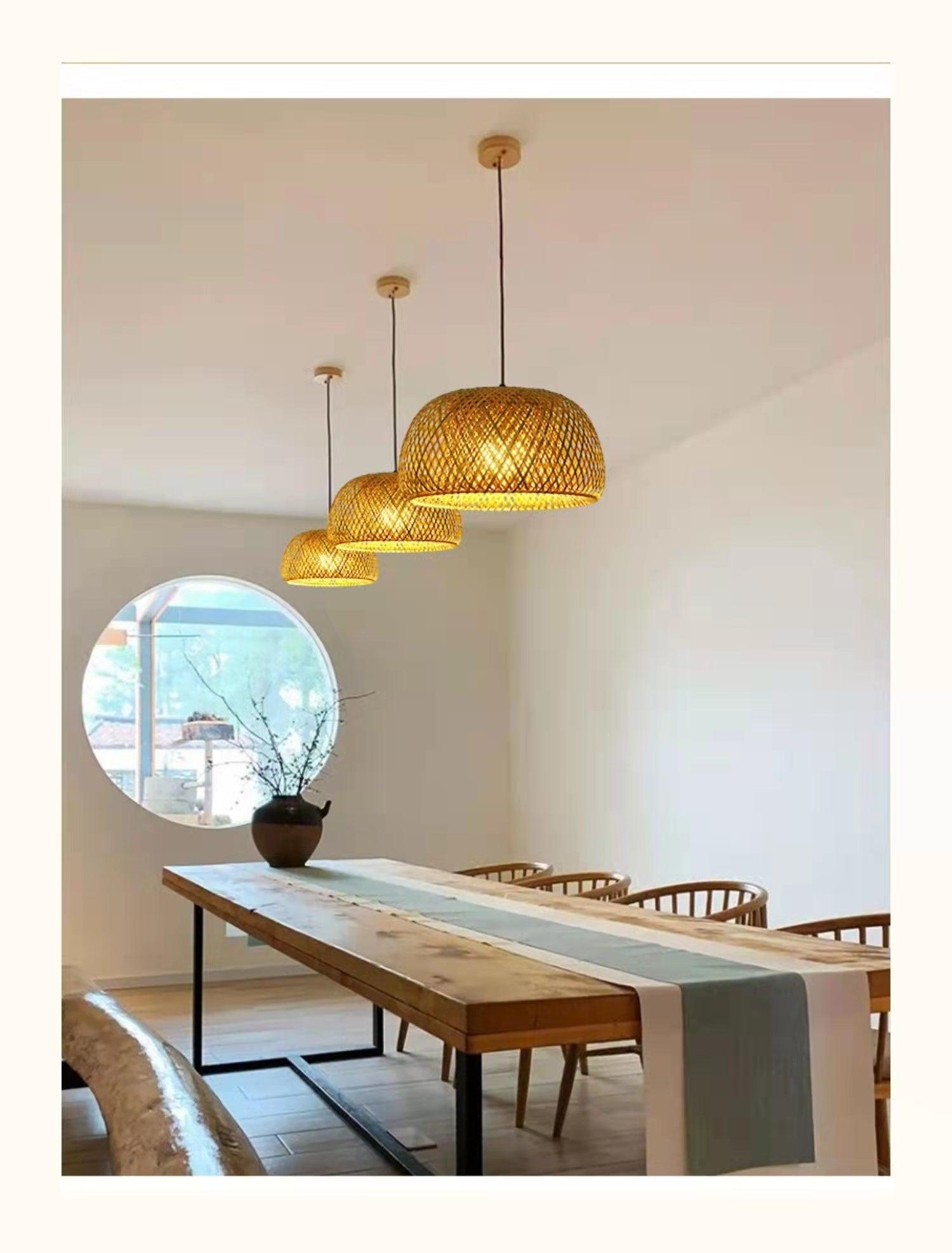 BowLift | Hanging ceiling lamp made of bamboo C │ Handmade lighting from wood and rattan for interior decoration