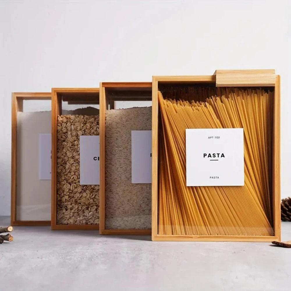 BowLift | Sliding Bamboo Wood Pasta Grain Storage Container
