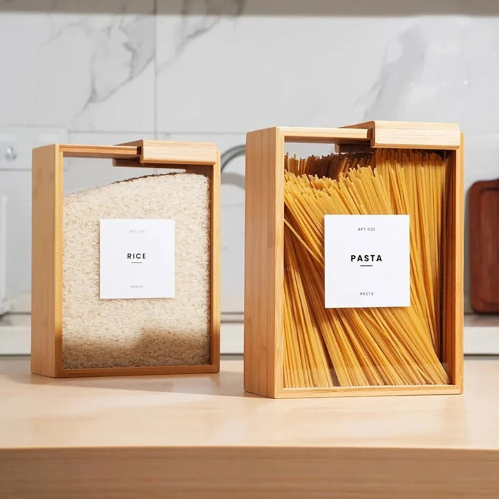 BowLift | Sliding Bamboo Wood Pasta Grain Storage Container