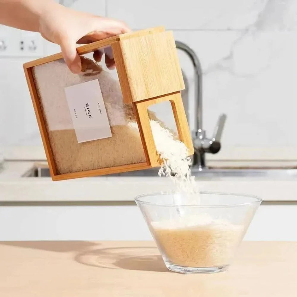 BowLift | Sliding Bamboo Wood Pasta Grain Storage Container