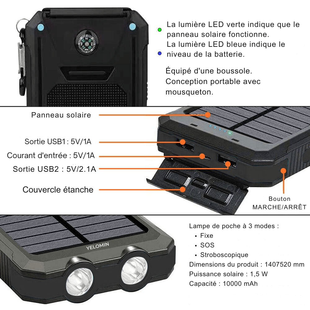 BowLift | Waterproof Shockproof Solar Battery 10,000 mAh | Solar Rechargeable