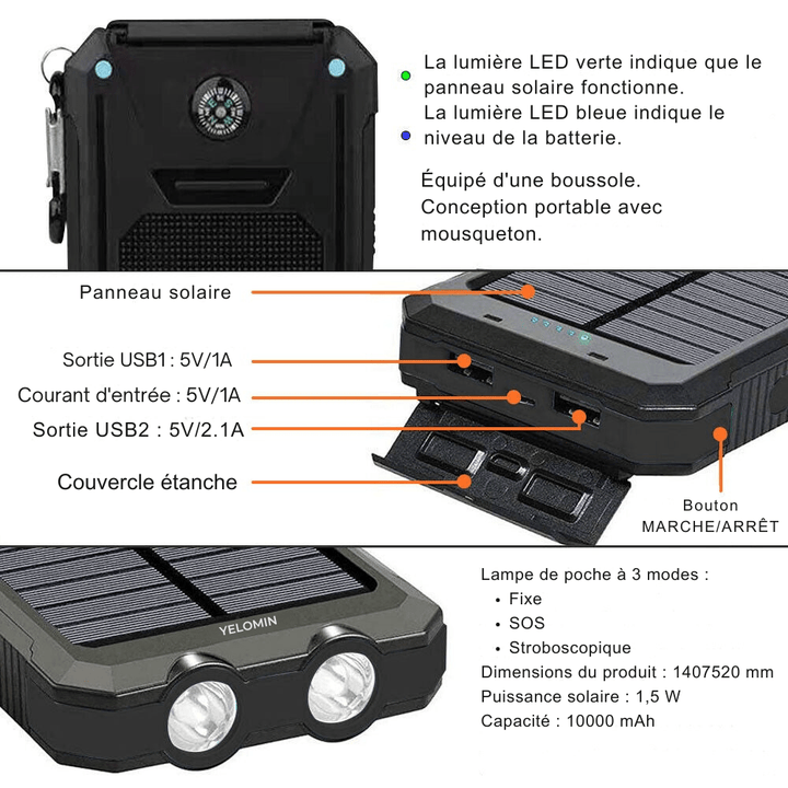 BowLift | Waterproof Shockproof Solar Battery 10,000 mAh | Solar Rechargeable