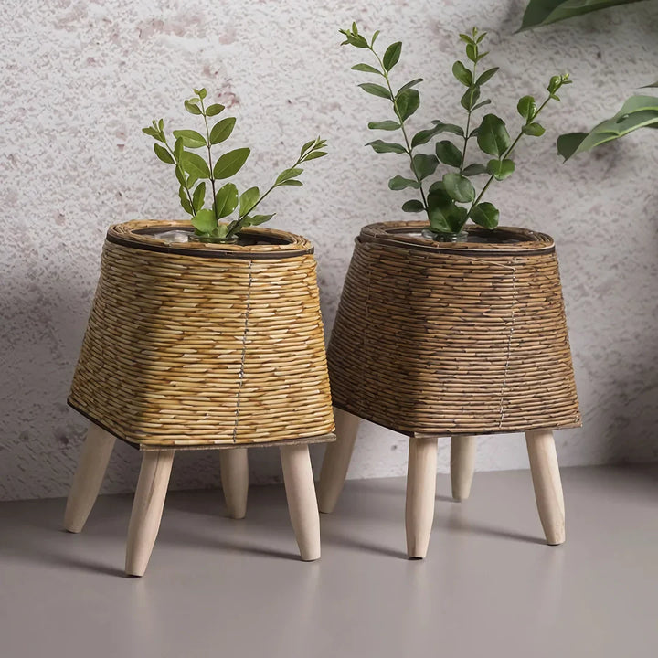 BowLift | Vintage Imitation Rattan Flower Stand with Wooden Legs