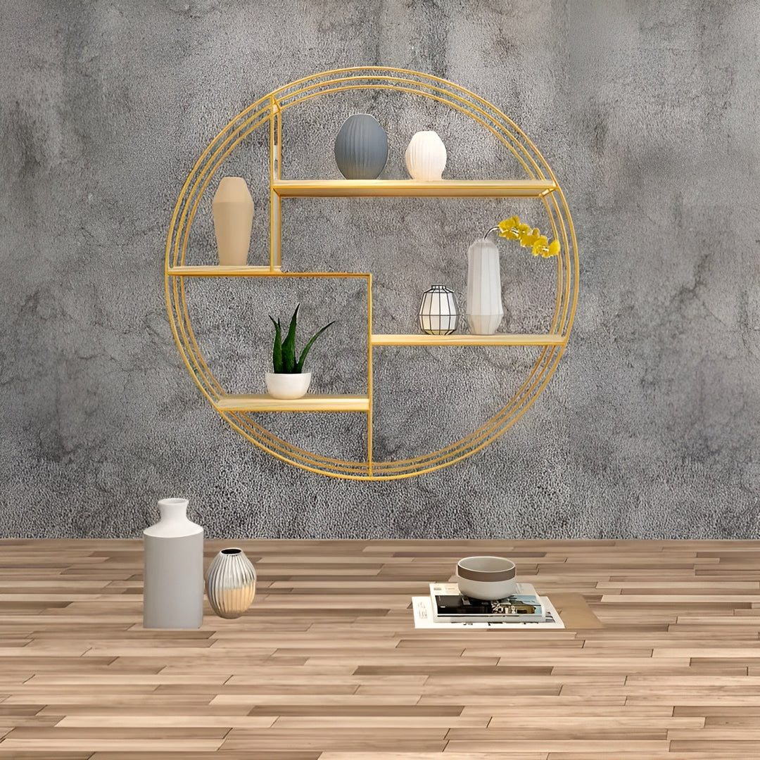 Round Wall Shelf with 4 Levels – Retro Design made of Wood & Metal | Decorative Hanging Shelf for Living Room, Bathroom & Bedroom | Bowlift