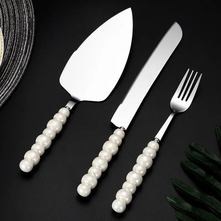 BowLift | Creative Pearl Ceramic Handle Cake Knife and Spatula Set Stainless Steel