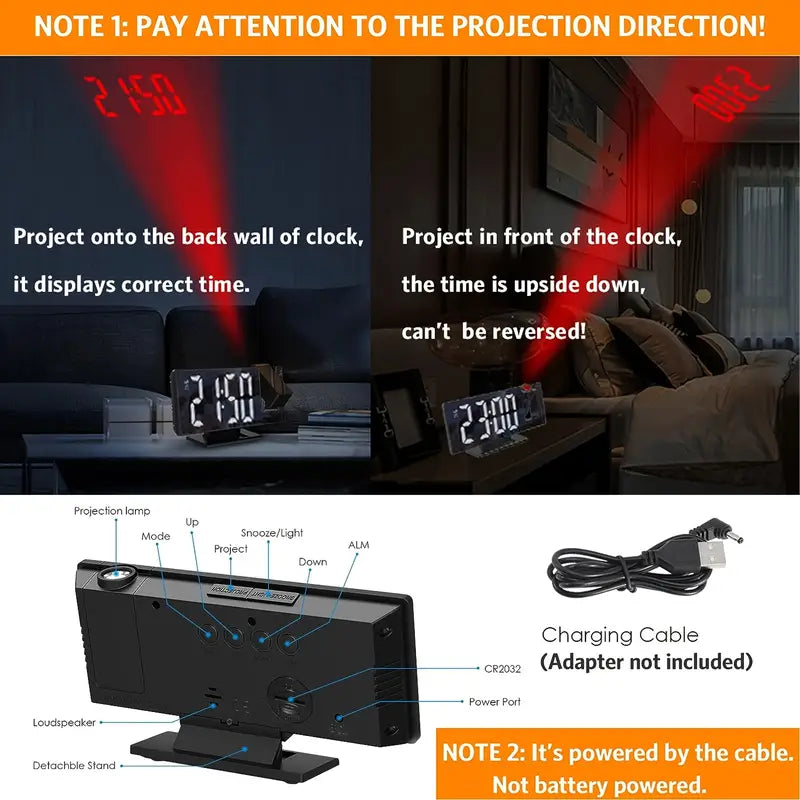 BowLift | 180° Adjustable LED Projection Alarm Clock – Snooze, 12/24H Time & Temperature Display, Mirror Design – USB Powered, Night Mode & Memory Function