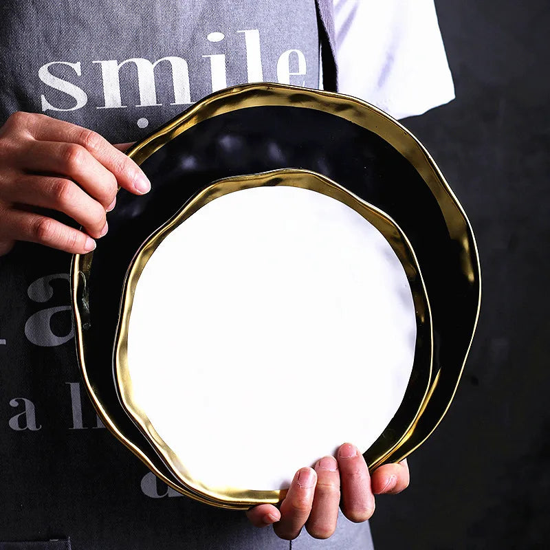 BowLift | Elegant Ceramic Beef Platter with Gold Edge