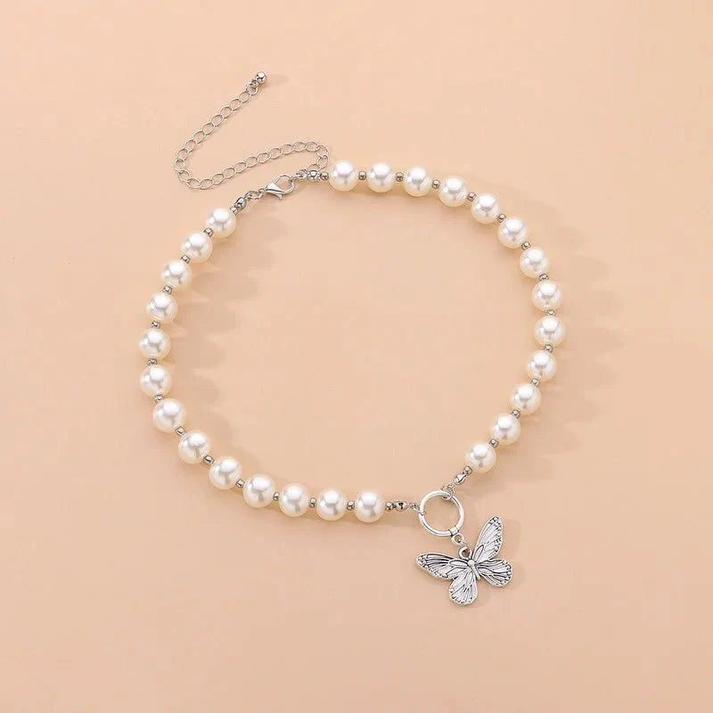 BowLift | Beaded Pearl Butterfly Pendant Choker Necklace