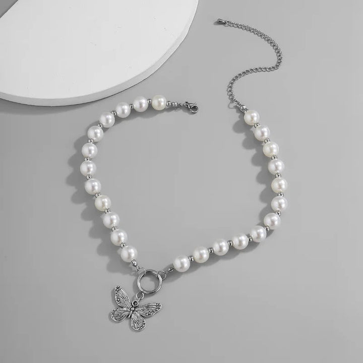 BowLift | Beaded Pearl Butterfly Pendant Choker Necklace