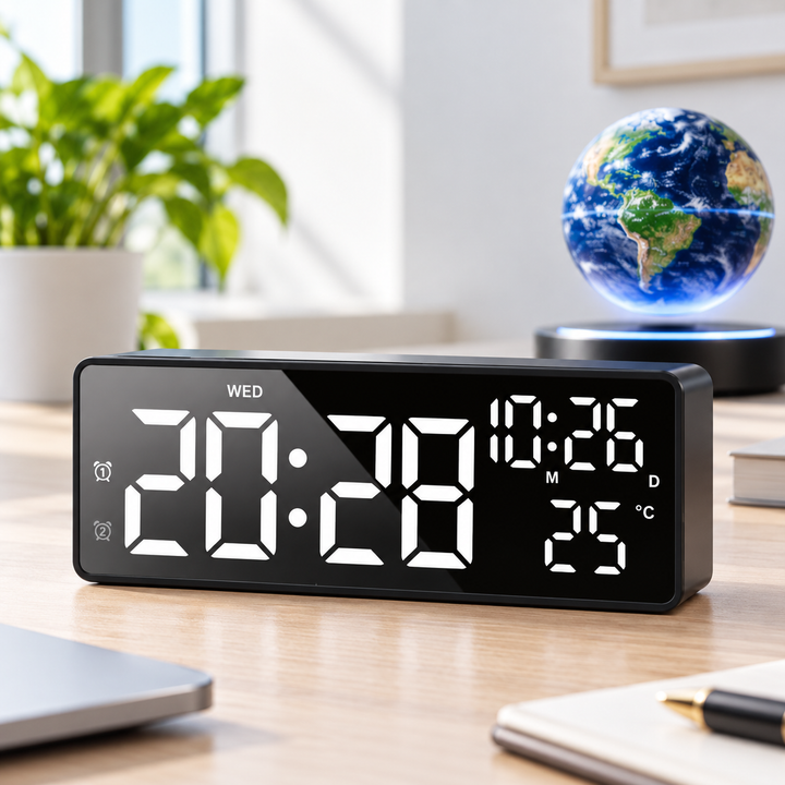 Large LED Digital Wall Clock with Dual-Alarms Date and Temperature Display Bowlift