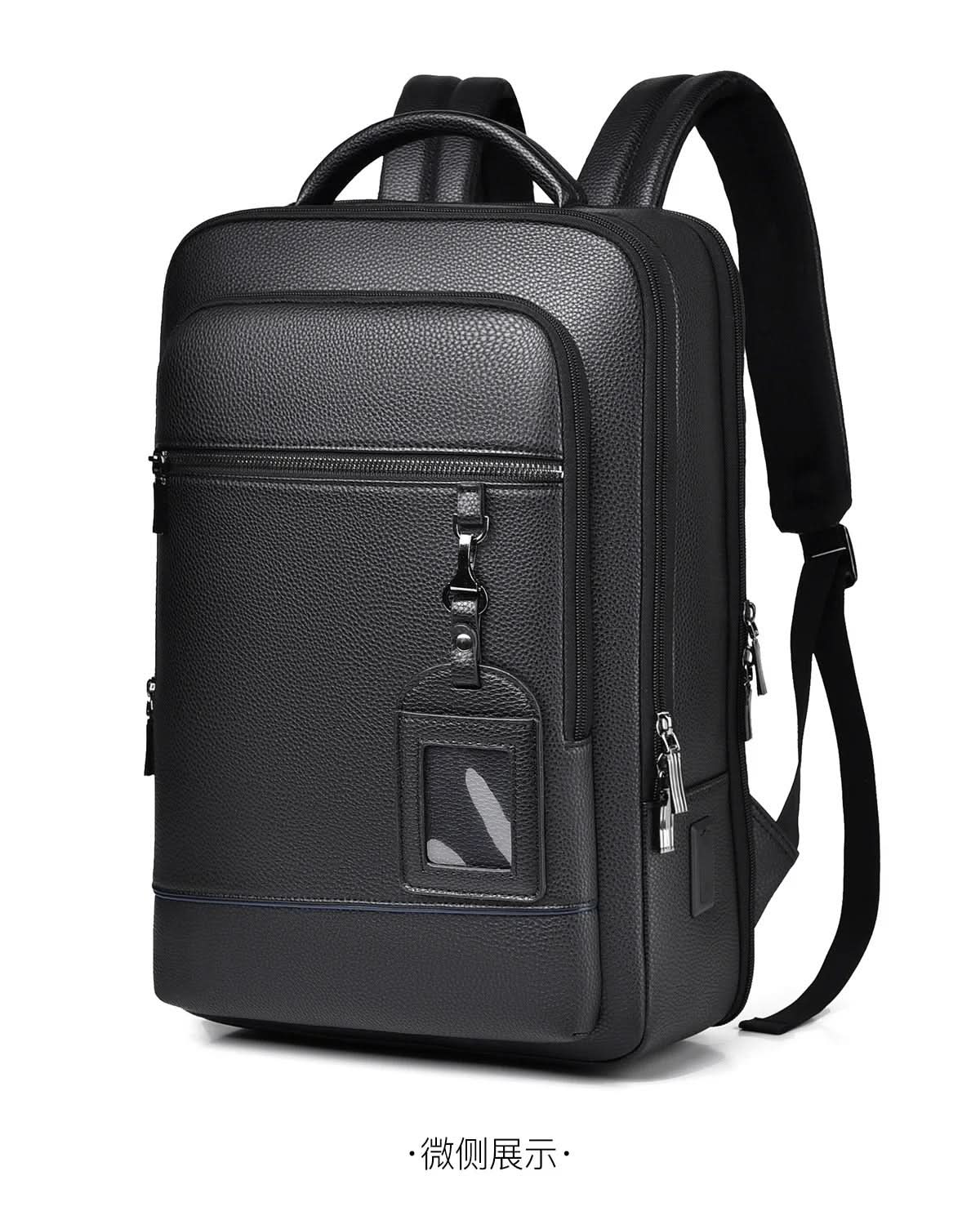 BowLift | Elegant leather rucksack for men/women with USB port for laptop and everyday use, 15.6 inch, black