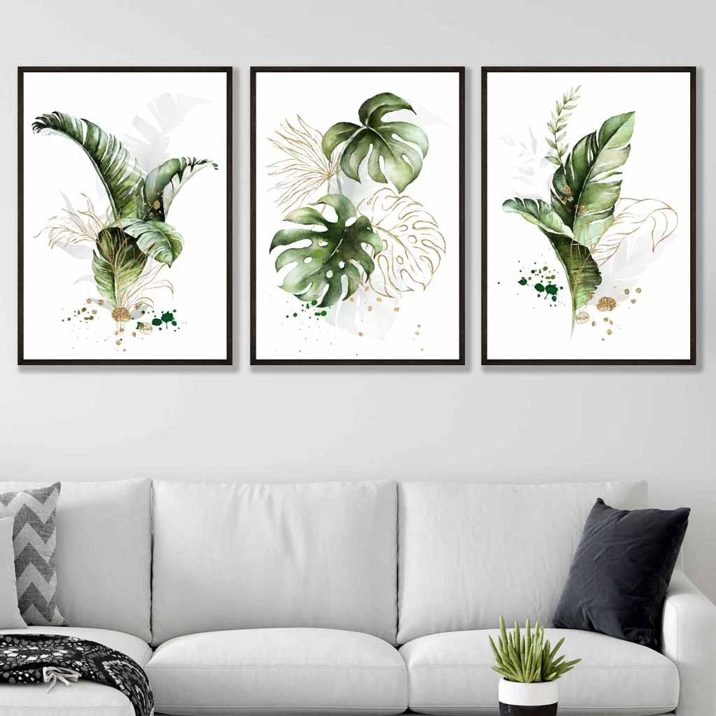 Botanical set of 3 green and golden floral wall art prints | Bowlift