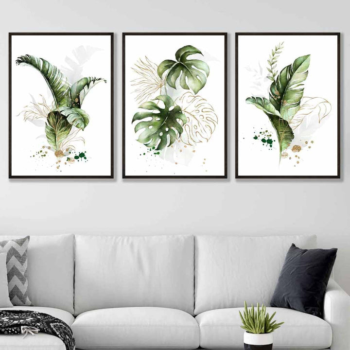 Botanical set of 3 green and golden floral wall art prints | Bowlift