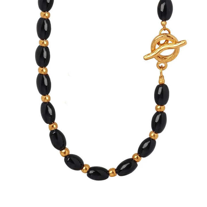 BowLift | Boho Beaded Black and Gold Circle Clasp Necklace