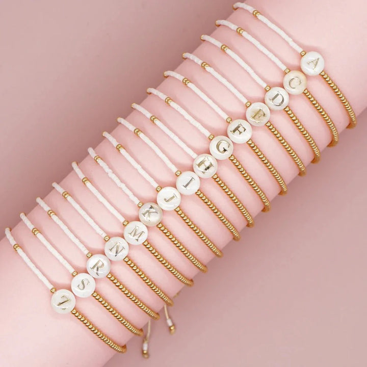 BowLift | Boho White & Gold Beaded Letter Initial Beaded Bracelets