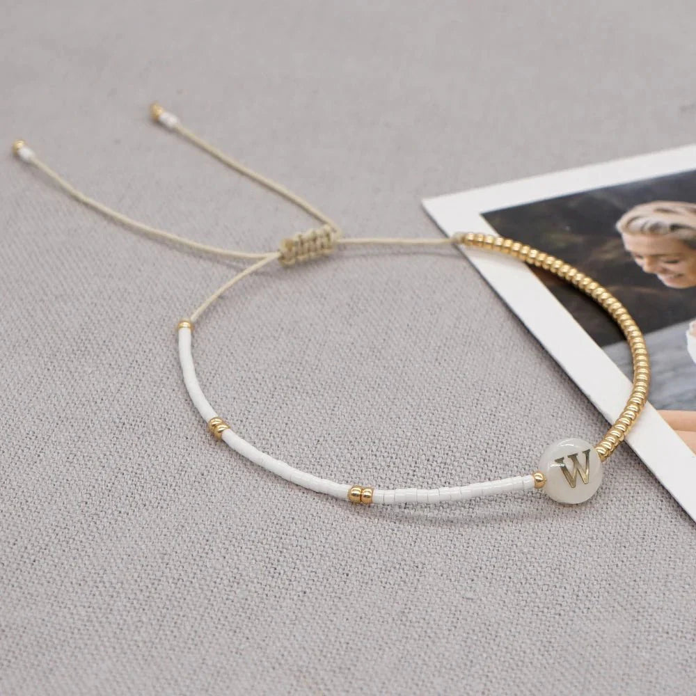 BowLift | Boho White & Gold Beaded Letter Initial Beaded Bracelets