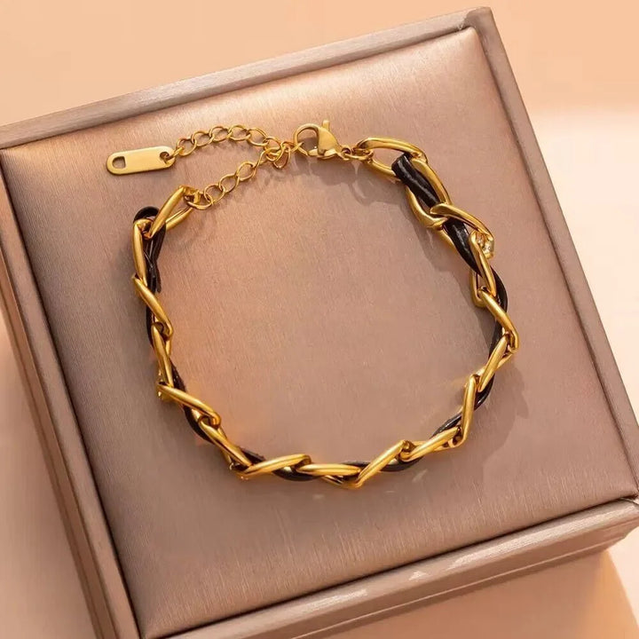 BowLift | Braided Gold and Black Chain Leather Bracelet