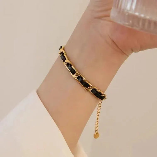 BowLift | Braided Gold and Black Chain Leather Bracelet