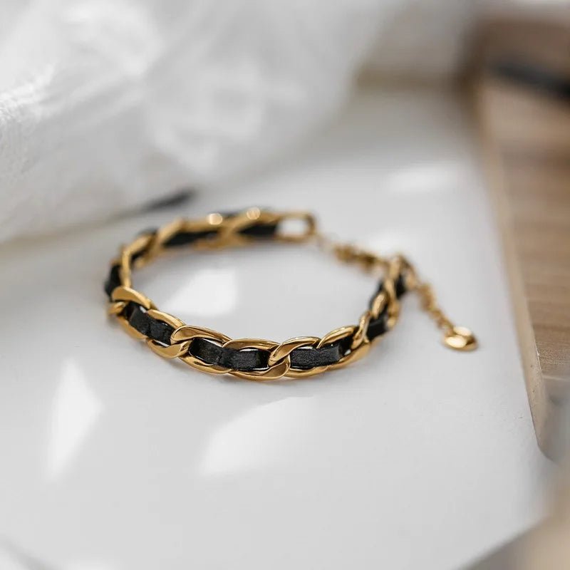 BowLift | Braided Gold and Black Chain Leather Bracelet