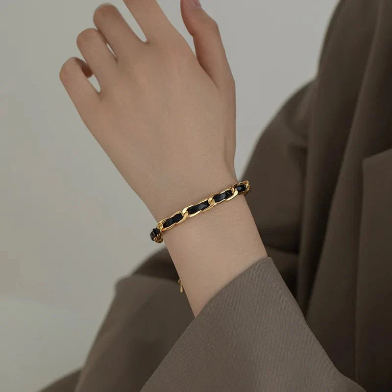 BowLift | Braided Gold and Black Chain Leather Bracelet
