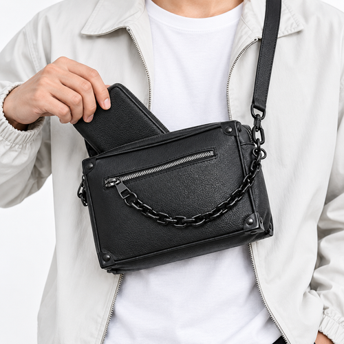 Rectangular Leather Crossbody Bag with Chain Strap and Front Zipper Pocket Bowlift
