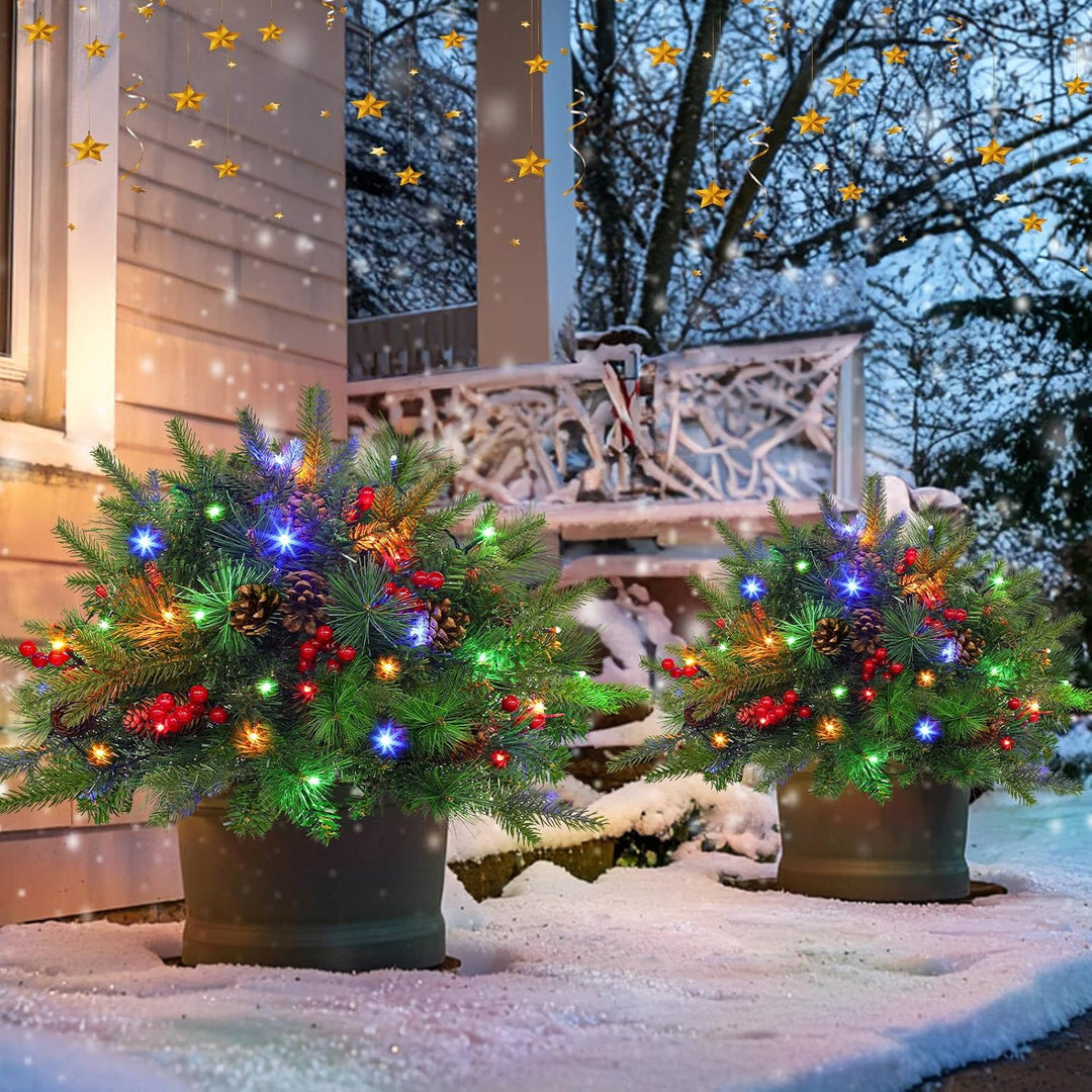 BowLift | Christmas urn decoration with LED lights | Realistic pine branches & berries | Indoor and outdoor