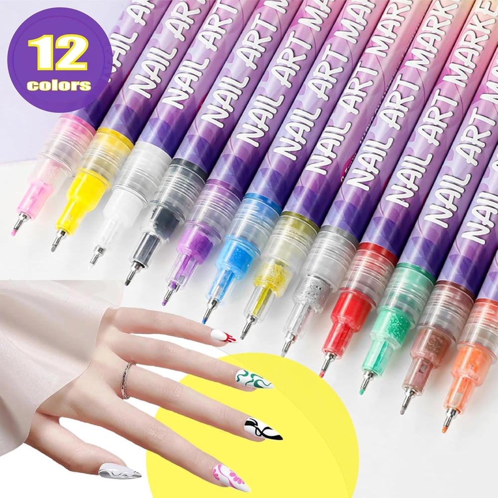 BowLift | 12 Colors Nail Art Pens — Acrylic Nail Design Set with Fine Tip