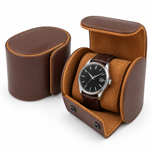 Compact Leather Travel Watch Roll Case with Snap Closure Bowlift