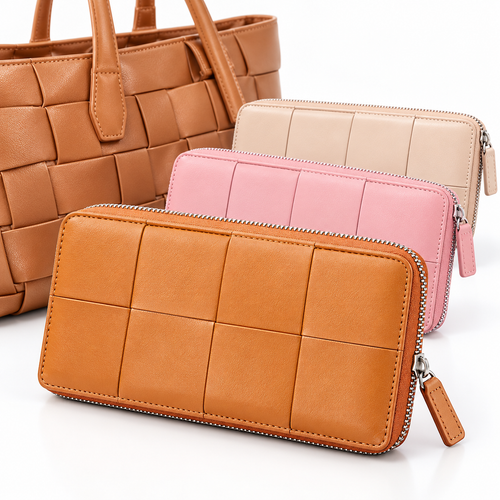 Zip-Around Quilted Woven Leather Long Wallet Bowlift