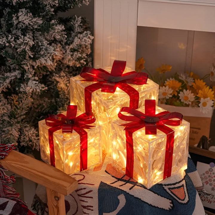 Bright gift boxes in a set of 3 – Transparent Christmas decoration with red ribbons | For indoors & outdoors | Bowlift