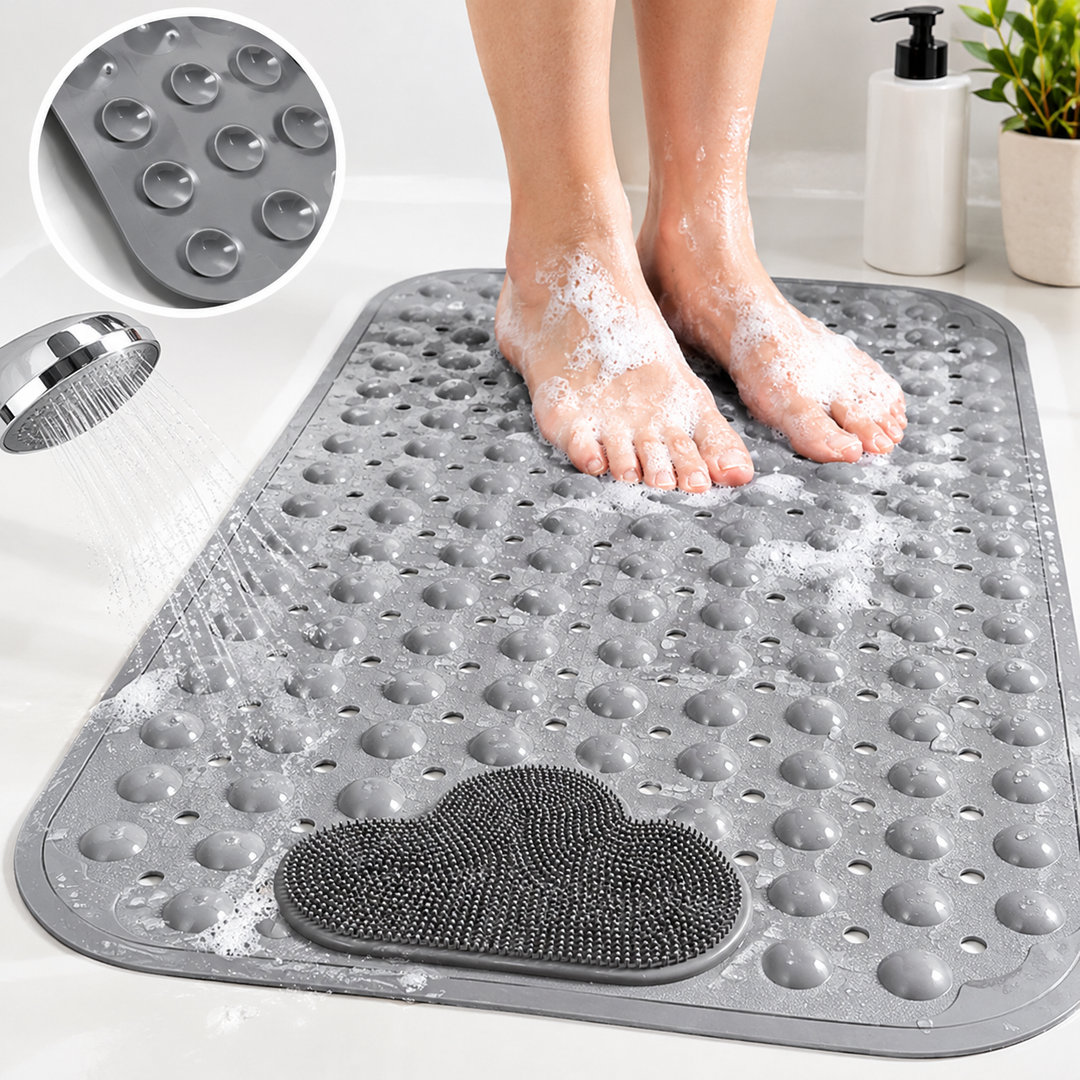 Non-Slip Textured Suction Bath Mat with Integrated Foot Scrubber Bowlift
