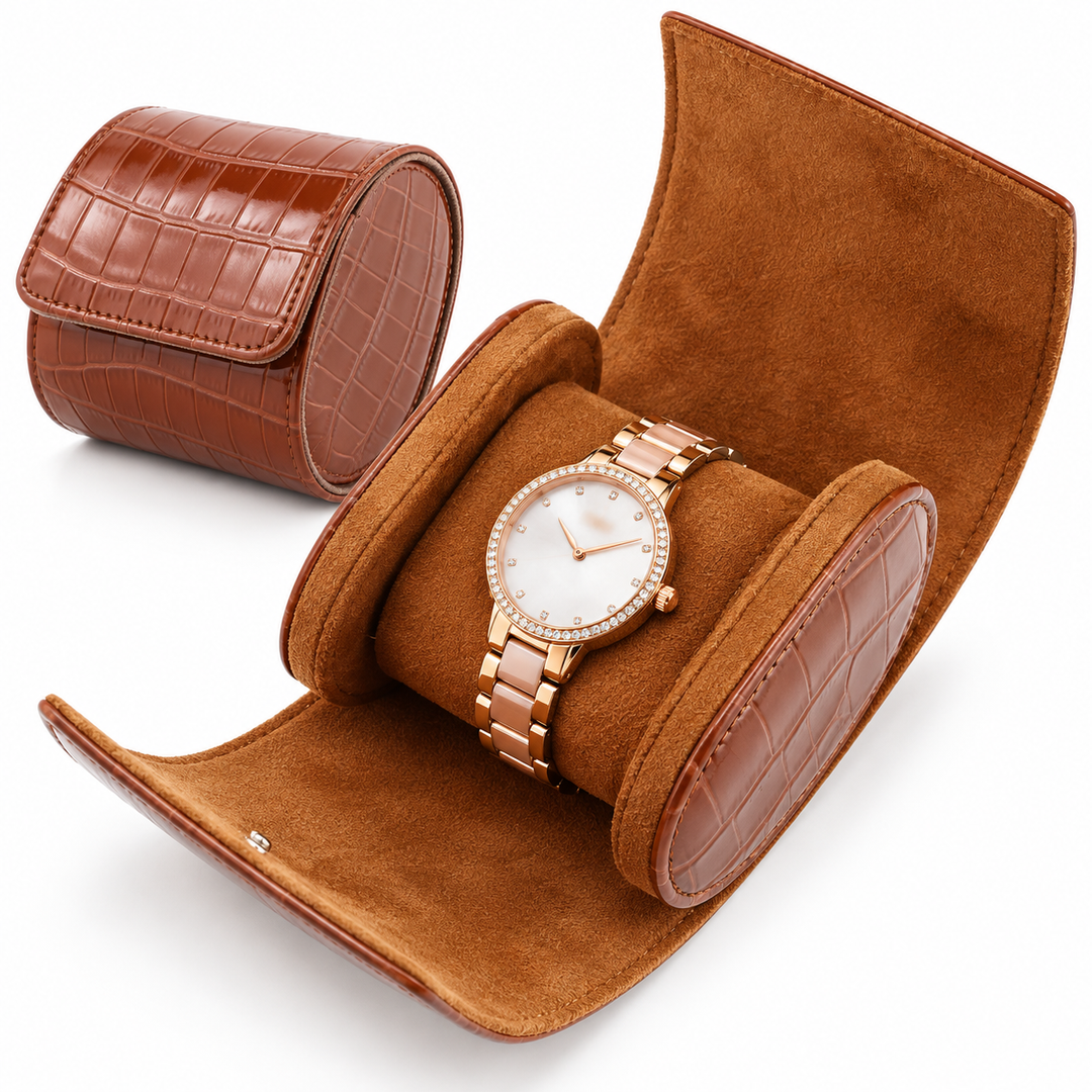 Leather Travel Watch Roll with Crocodile Embossed Exterior Bowlift