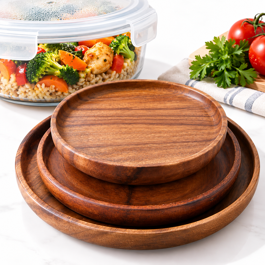 Hand-Carved Solid Walnut Round Serving Platter Bowlift