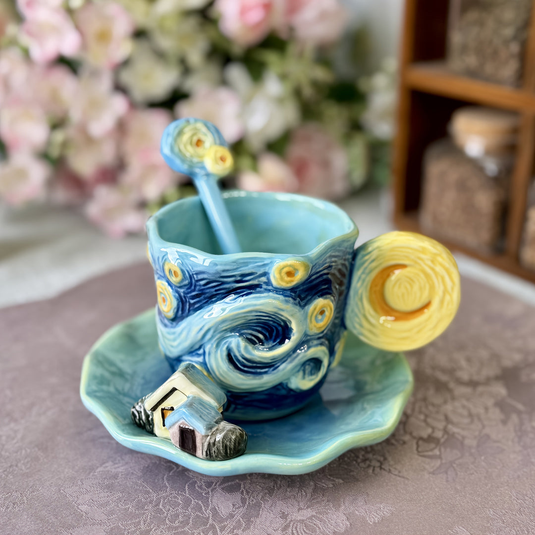 ArtSip Ceramic Mug & Saucer Set – Hand-painted 3D Design inspired by Van Gogh | Bowlift