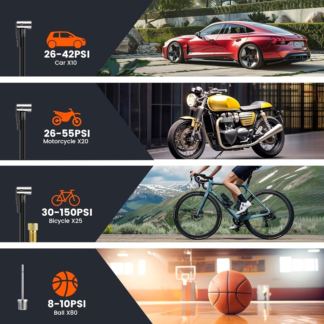 BowLift | Portable Air Compressor with LCD Screen and LED Light – 150 PSI Inflator for Cars, Bicycles, and Sports Equipment
