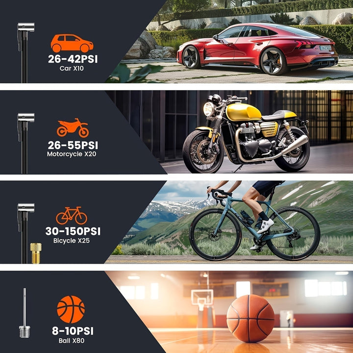 BowLift | Portable Air Compressor with LCD Screen and LED Light – 150 PSI Inflator for Cars, Bicycles, and Sports Equipment