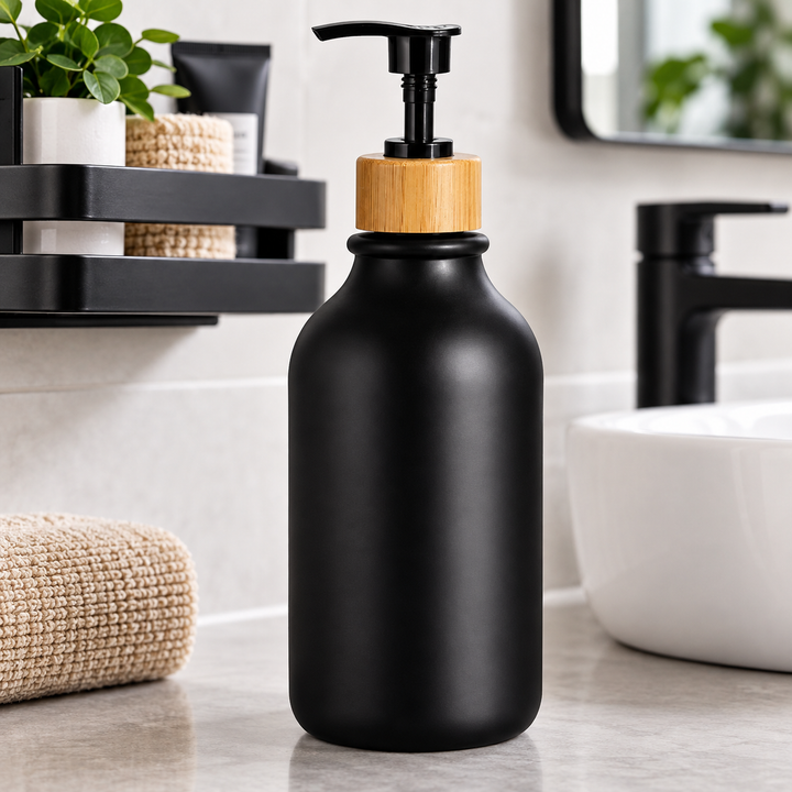 Glass Refillable Soap and Lotion Pump Bottles with Bamboo Wood Caps Bowlift