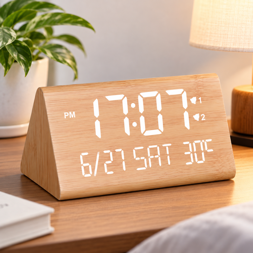 LED Wooden Triangle Desk Alarm Clock with Large Digital Display and USB Power Bowlift