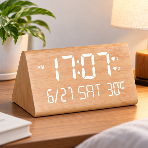 LED Wooden Triangle Desk Alarm Clock with Large Digital Display and USB Power Bowlift