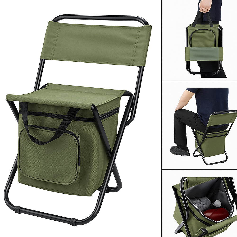 Folding Camping Chair with Backrest and Cooler Bag – Green | Bowlift