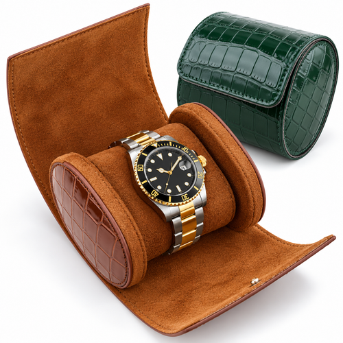 Leatherette Croc-Embossed Single Watch Travel Case Bowlift