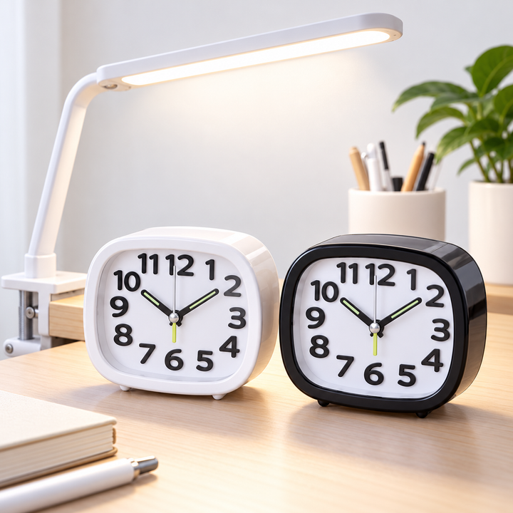 Compact Silent Analog Alarm Clock with Luminous Hands and Matte Resin Case Bowlift